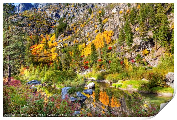 Fall Yellow Blue Green Colors Reflection Wenatchee River Valley  Print by William Perry