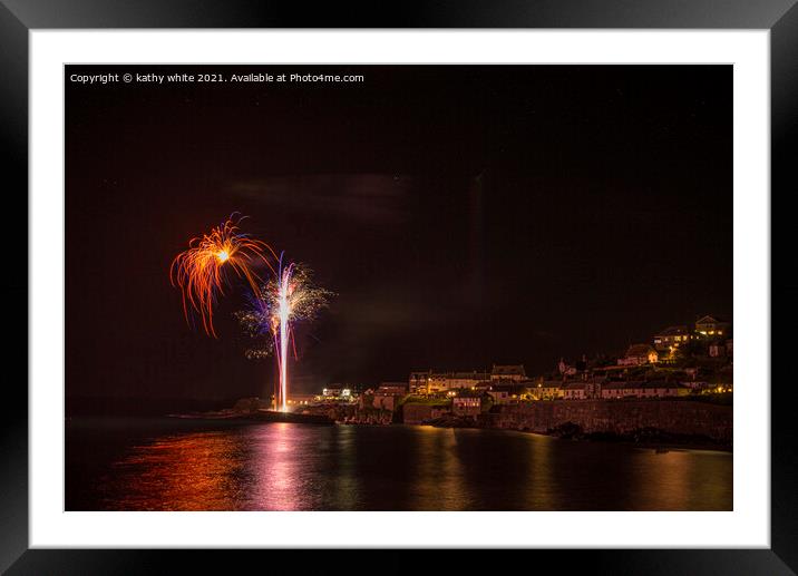 coverack at night,fireworks Framed Mounted Print by kathy white
