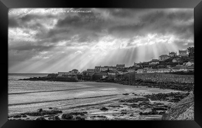 Coverack Cornwall in the sun rays Framed Print by kathy white