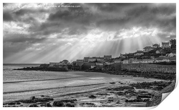 Coverack Cornwall in the sun rays Print by kathy white