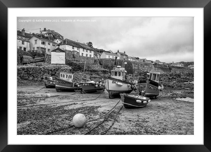 Coverack Cornwall at low tide,fishing boats Framed Mounted Print by kathy white