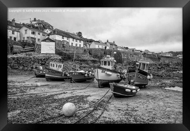 Coverack Cornwall at low tide,fishing boats Framed Print by kathy white