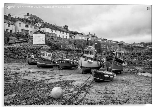 Coverack Cornwall at low tide,fishing boats Acrylic by kathy white