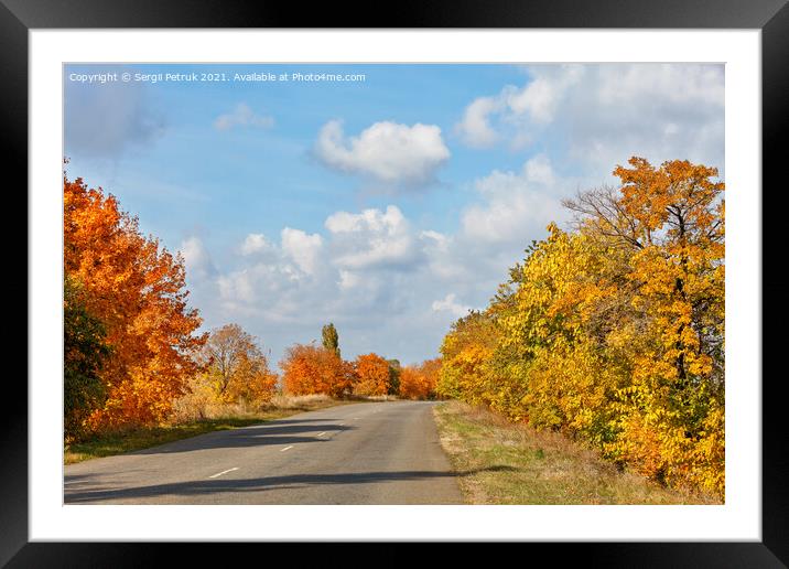 Autumnal orange and yellow foliage of roadside trees flank the old tarmac road. Framed Mounted Print by Sergii Petruk