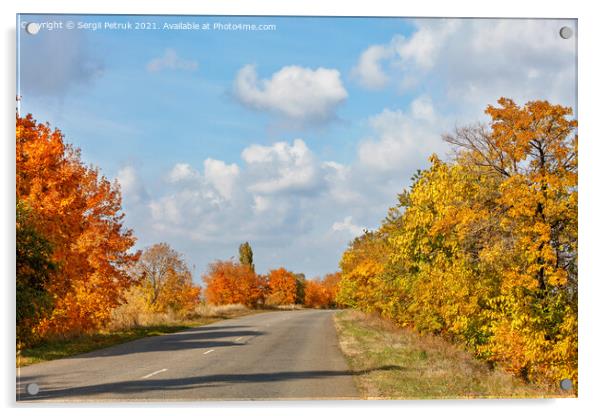 Autumnal orange and yellow foliage of roadside trees flank the old tarmac road. Acrylic by Sergii Petruk
