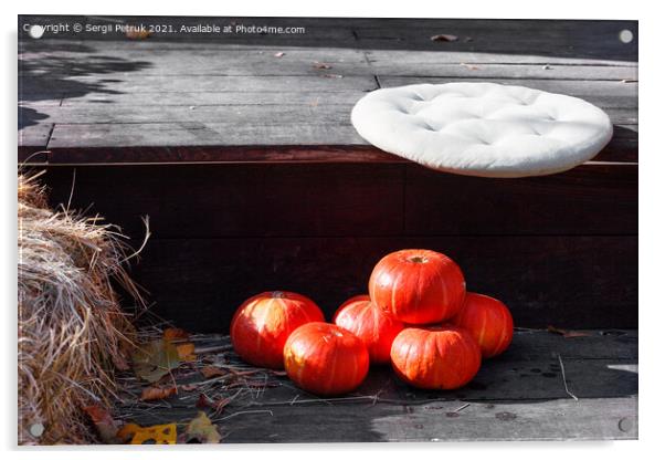 Autumn warm still life with round pumpkins near baskets of chrysanthemums in blur in warm sunlight. Acrylic by Sergii Petruk