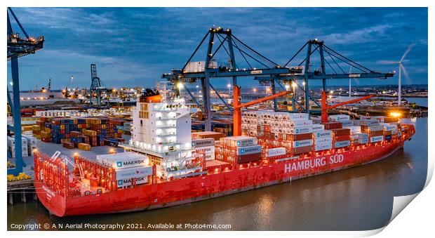 Container Ship at Tilbury Docks Print by A N Aerial Photography