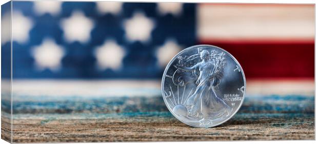 American silver eagle dollar coin with US flag in background Canvas Print by Thomas Baker