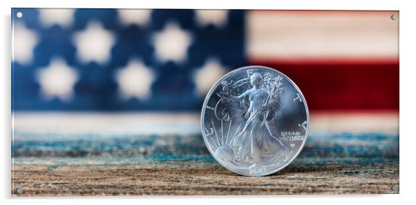 American silver eagle dollar coin with US flag in background Acrylic by Thomas Baker