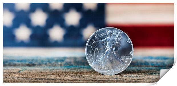 American silver eagle dollar coin with US flag in background Print by Thomas Baker