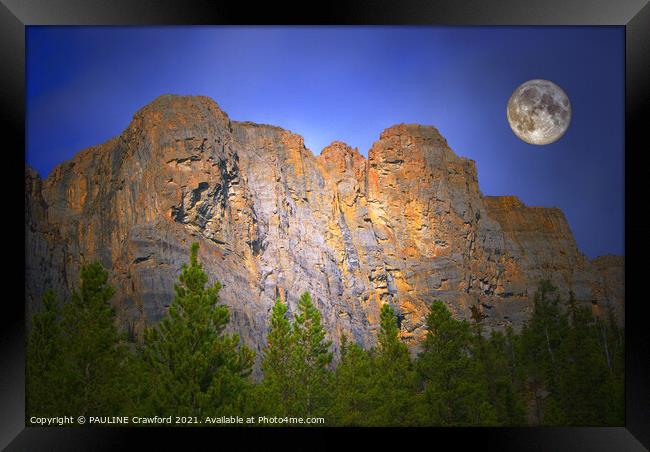 Canadian Rocky Mountains with Full Moon Banff Alberta Canada Framed Print by PAULINE Crawford