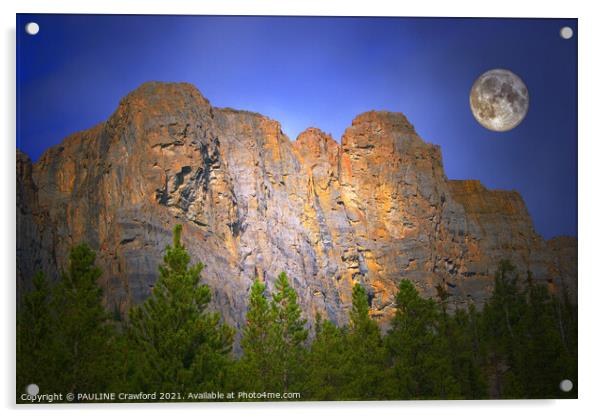 Canadian Rocky Mountains with Full Moon Banff Alberta Canada Acrylic by PAULINE Crawford