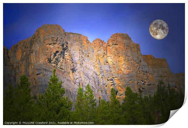 Canadian Rocky Mountains with Full Moon Banff Alberta Canada Print by PAULINE Crawford