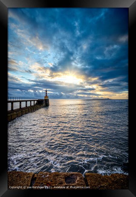 Amble pier blue sunrise Framed Print by Lee Kershaw