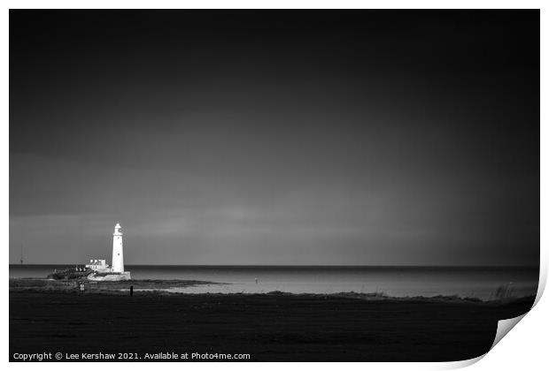 Black and white St Mary's lighthouse Print by Lee Kershaw