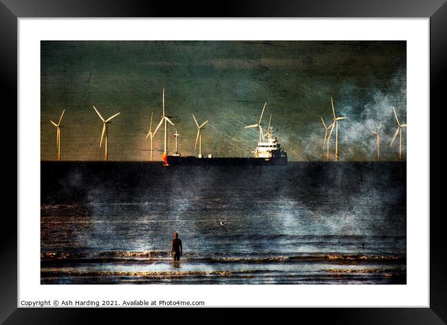 Moody Scene of Iron Man and Tanker on River Mersey Framed Print by Ash Harding