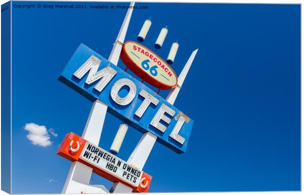 Route 66 Motel sign near Seligman, Arizona on the way to Las Vegas Canvas Print by Greg Marshall