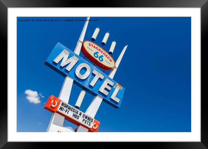 Route 66 Motel sign near Seligman, Arizona on the way to Las Vegas Framed Mounted Print by Greg Marshall