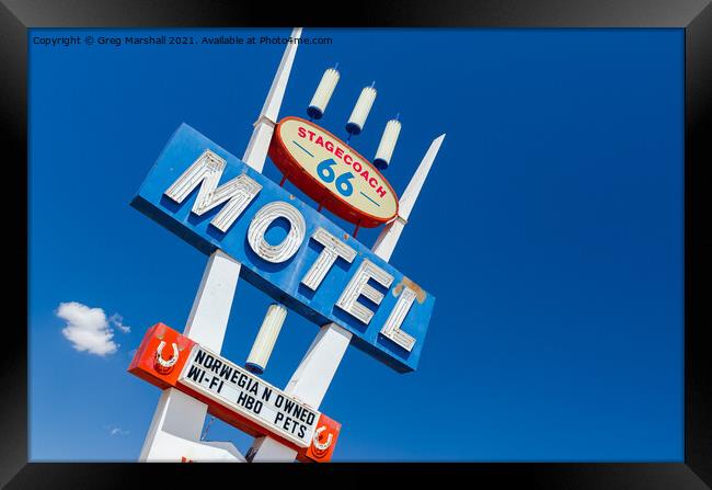 Route 66 Motel sign near Seligman, Arizona on the way to Las Vegas Framed Print by Greg Marshall