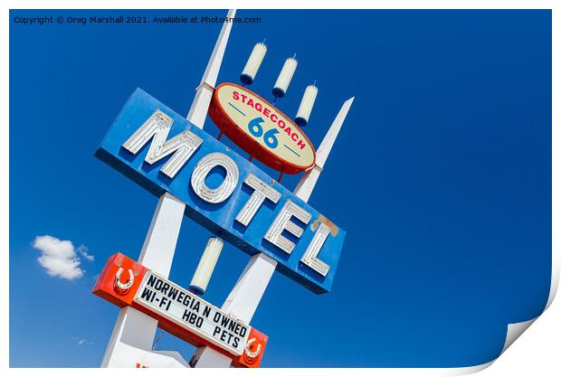 Route 66 Motel sign near Seligman, Arizona on the way to Las Vegas Print by Greg Marshall