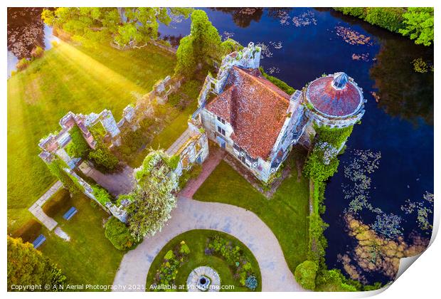 Scotney Castle at sunrise Print by A N Aerial Photography