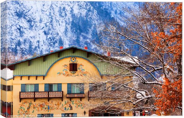 Winter Mountains Snow German Buildings Orange Maple Leaves Leave Canvas Print by William Perry