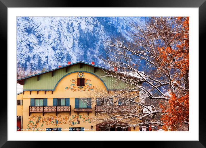 Winter Mountains Snow German Buildings Orange Maple Leaves Leave Framed Mounted Print by William Perry
