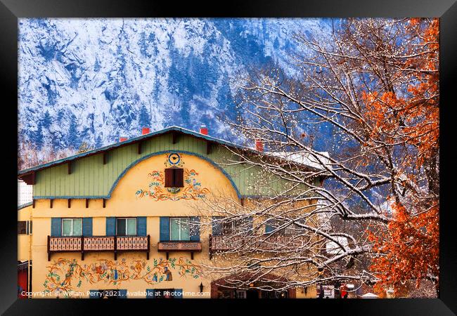 Winter Mountains Snow German Buildings Orange Maple Leaves Leave Framed Print by William Perry