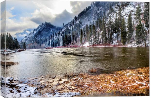 Winter Leaves Snow Ice  Mountains Wenatchee River Valley Near St Canvas Print by William Perry