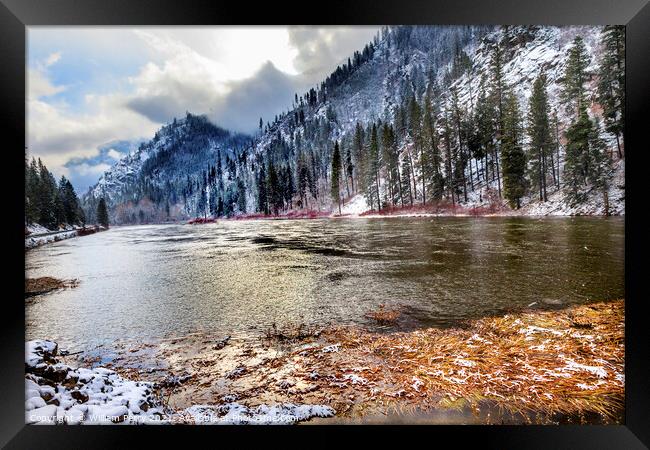 Winter Leaves Snow Ice  Mountains Wenatchee River Valley Near St Framed Print by William Perry