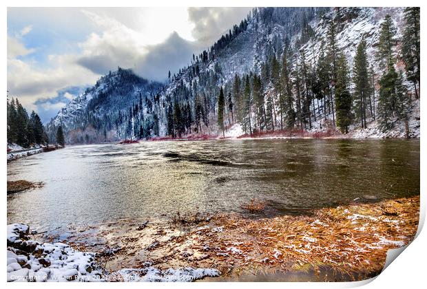 Winter Leaves Snow Ice  Mountains Wenatchee River Valley Near St Print by William Perry
