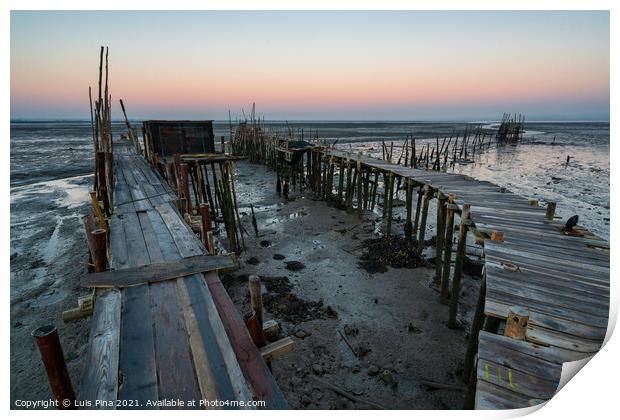 Carrasqueira Palafitic Pier in Comporta, Portugal at sunset Print by Luis Pina