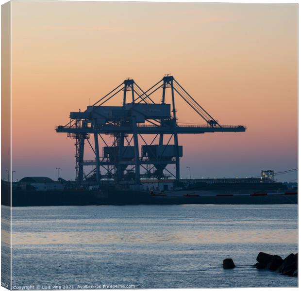 Sines container port terminal with cranes at sunset, in Portugal Canvas Print by Luis Pina