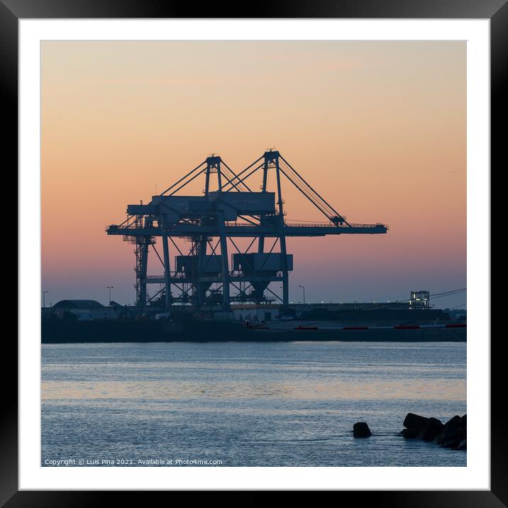 Sines container port terminal with cranes at sunset, in Portugal Framed Mounted Print by Luis Pina