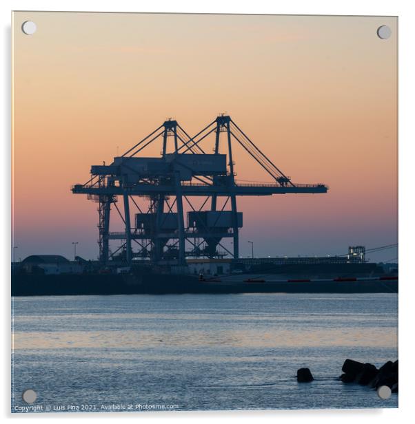 Sines container port terminal with cranes at sunset, in Portugal Acrylic by Luis Pina