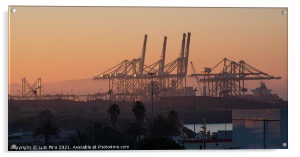 Sines container port terminal with cranes at sunset, in Portugal Acrylic by Luis Pina