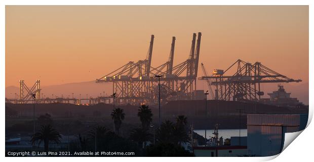 Sines container port terminal with cranes at sunset, in Portugal Print by Luis Pina