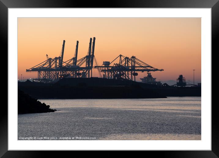 Sines container port terminal with cranes at sunset, in Portugal Framed Mounted Print by Luis Pina