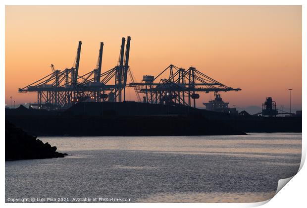 Sines container port terminal with cranes at sunset, in Portugal Print by Luis Pina