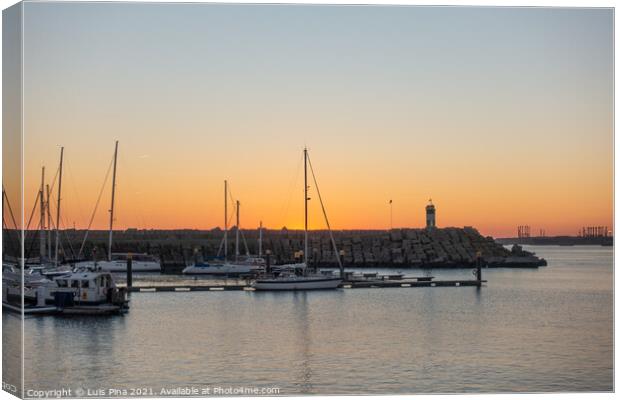 Sines marina with boats at sunset, in Portugal Canvas Print by Luis Pina