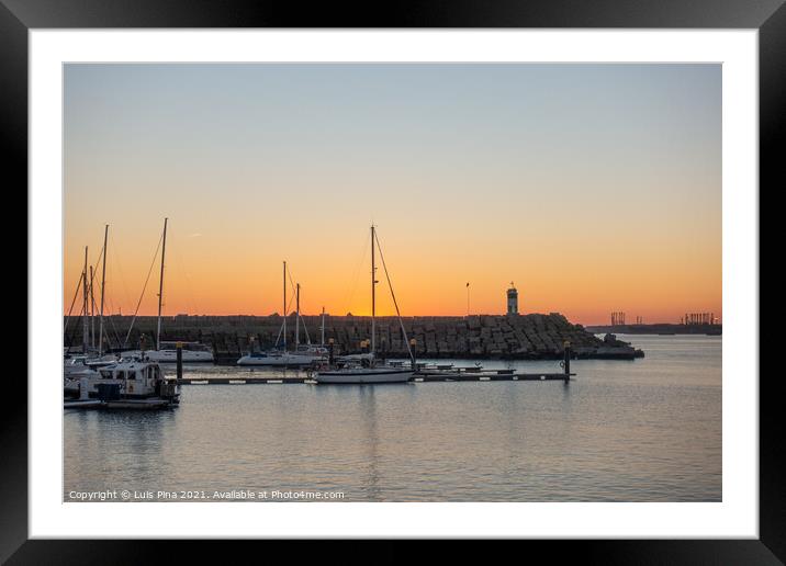 Sines marina with boats at sunset, in Portugal Framed Mounted Print by Luis Pina