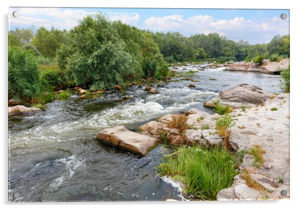 The rapid flow of the river between rocky banks with stone rapids and greenery in a summer landscape. Acrylic by Sergii Petruk