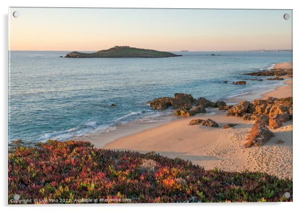 Porto Covo beach at sunset with Ilha do Pessegueiro Island on the background, in Portugal Acrylic by Luis Pina