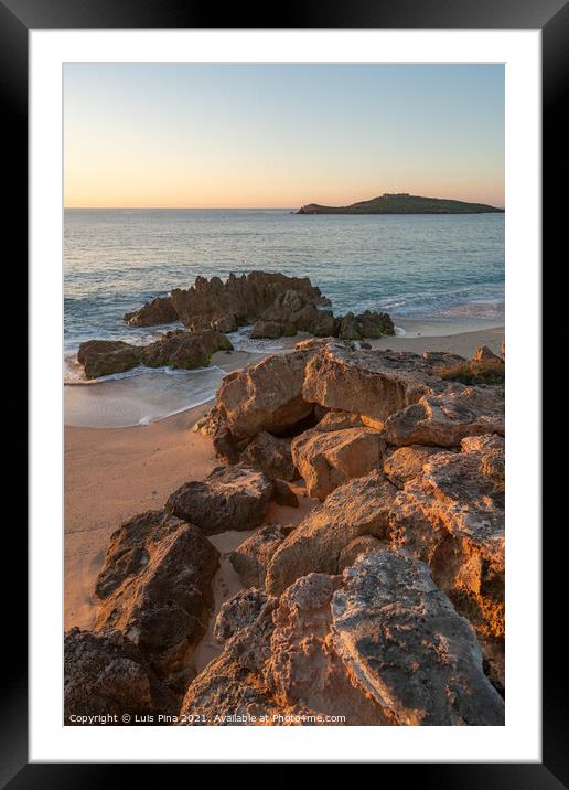 Porto Covo beach at sunset with Ilha do Pessegueiro Island on the background, in Portugal Framed Mounted Print by Luis Pina