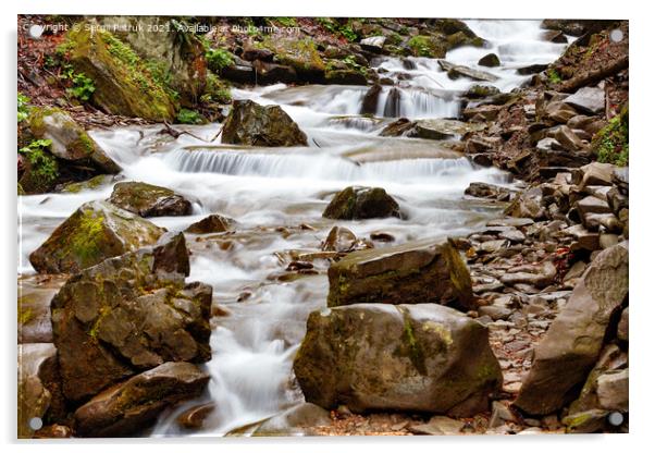 A swift whitish stream of a mountain river among stone boulders. Acrylic by Sergii Petruk