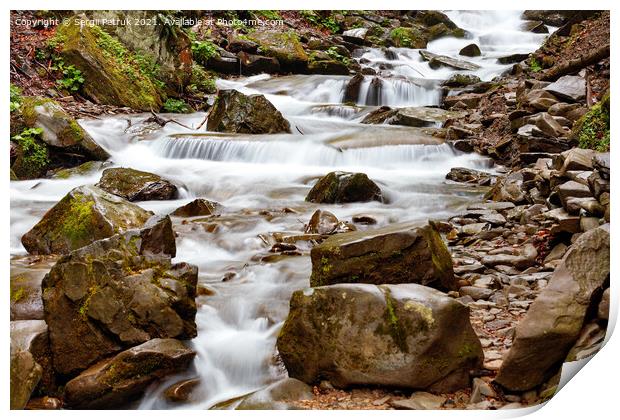 A swift whitish stream of a mountain river among stone boulders. Print by Sergii Petruk