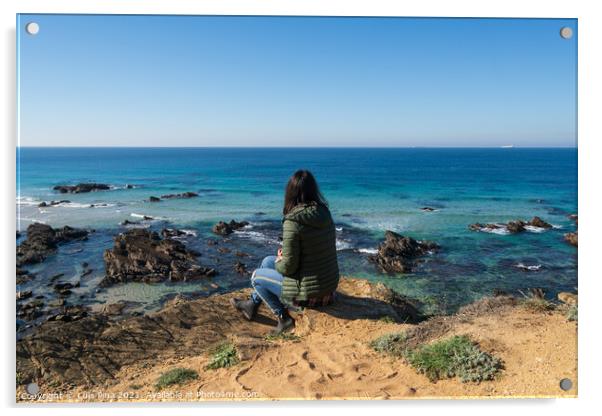 Woman looking at Praia da Samoqueira Acrylic by Luis Pina