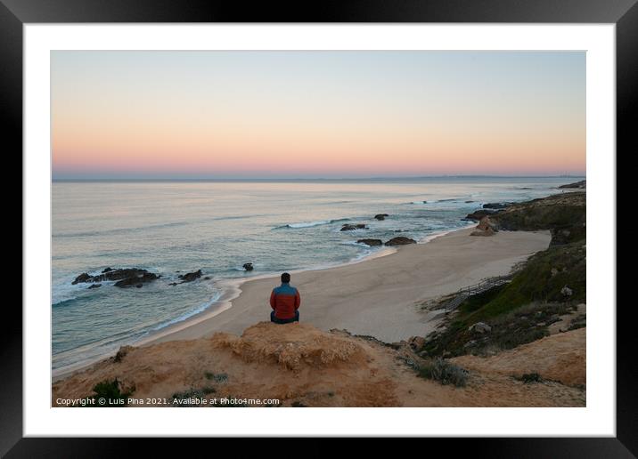 Man seeing Praia do Malhao beach view at sunrise, in Portugal Framed Mounted Print by Luis Pina
