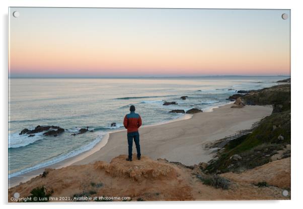 Man seeing Praia do Malhao beach view at sunrise, in Portugal Acrylic by Luis Pina
