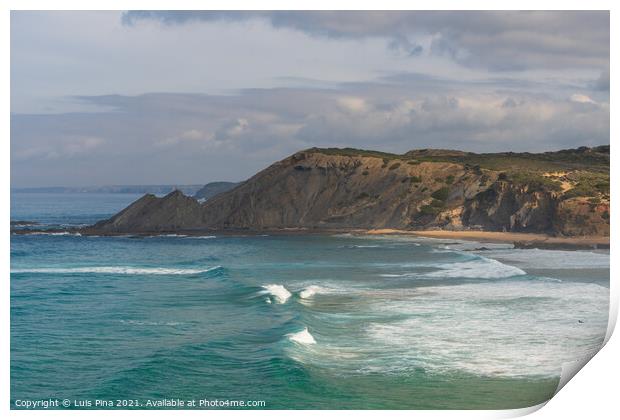 Aljezur beach with waves crashing and sea cliffs on the background Print by Luis Pina